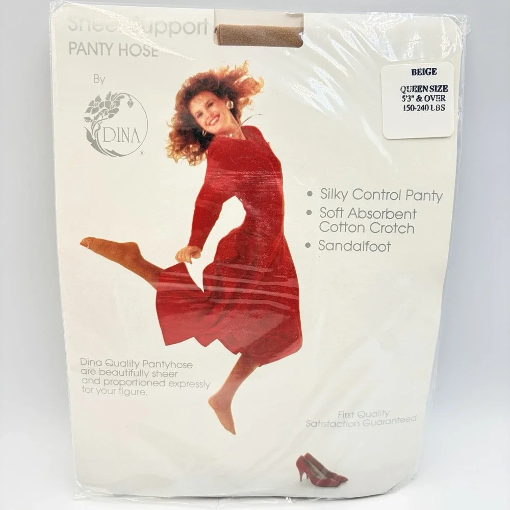 2 - Sheer Support Pantyhose By Dina Beige Queen Size 5'3 & Over 150-240 Lbs USA